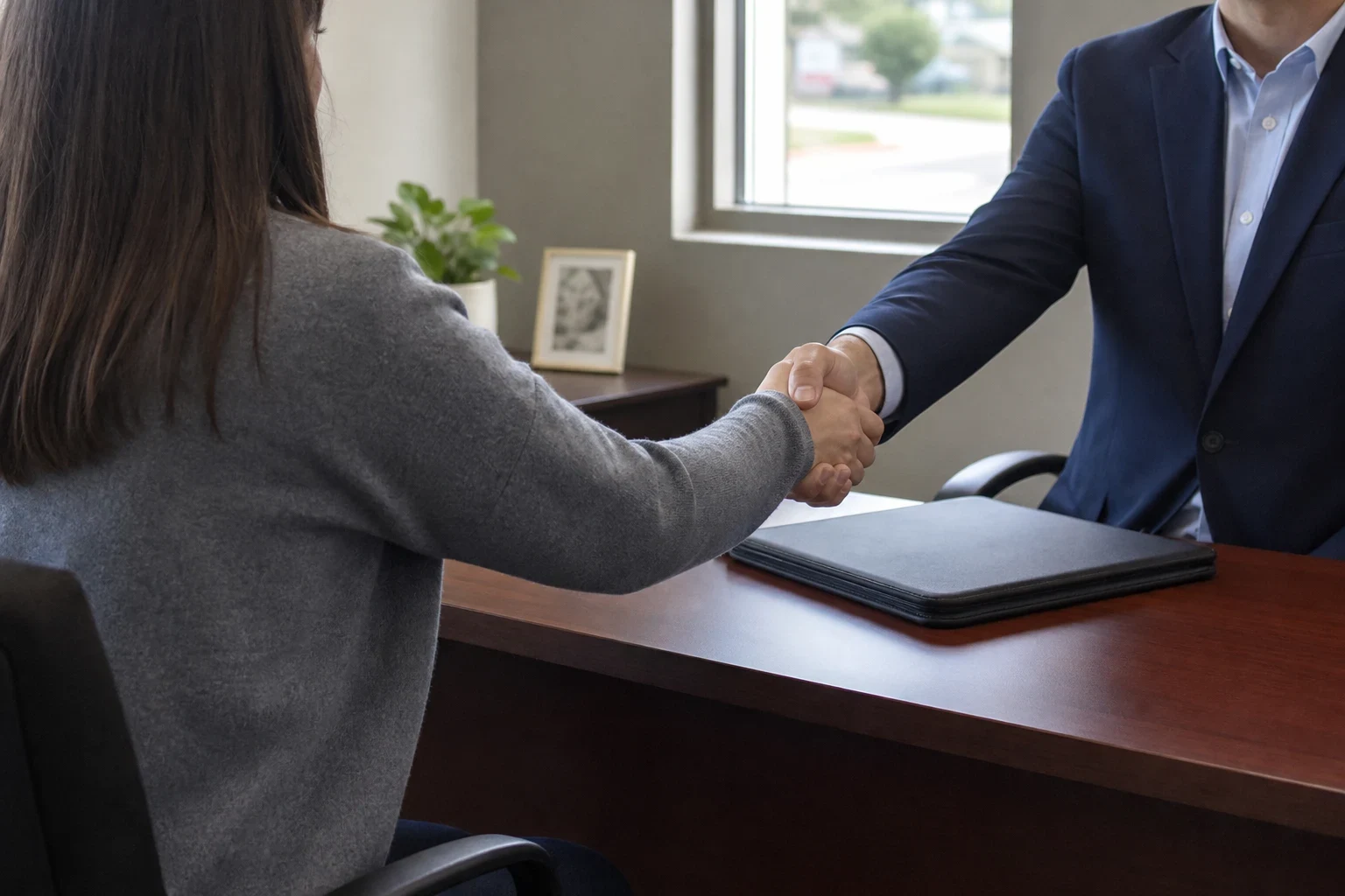 A client in a gray sweater shakes hands with an agent in a navy suit across a wooden desk with a closed black portfolio, a plant and framed photo by the window.