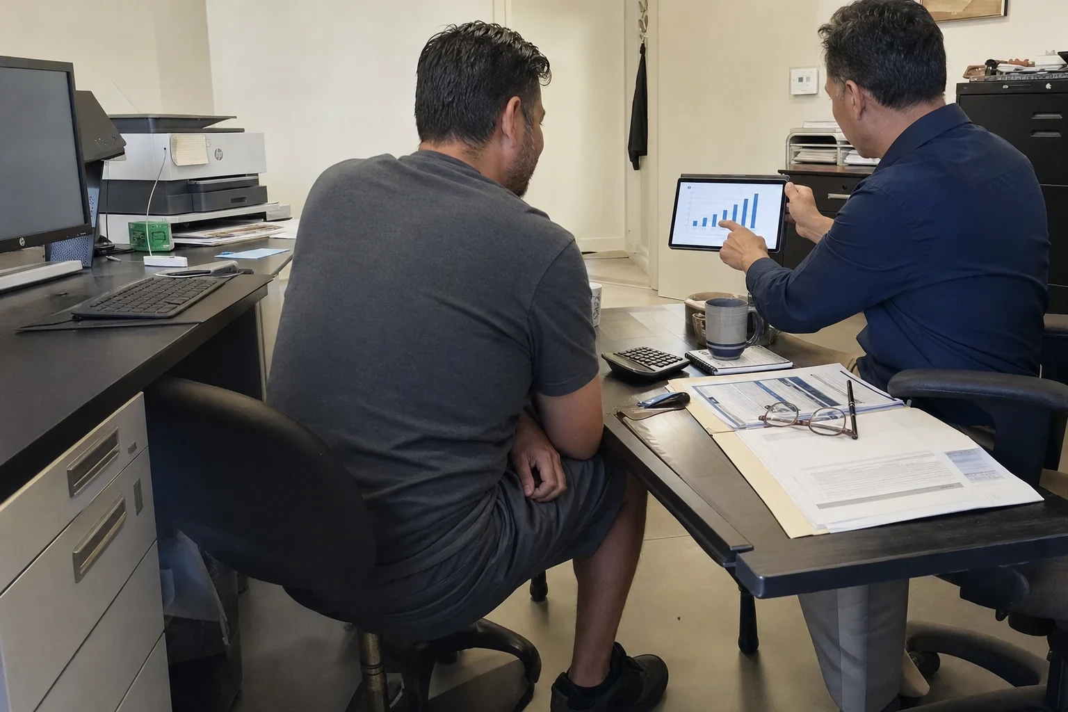 An agent in a navy shirt points to a bar chart on a tablet while a man in a gray T-shirt looks on, at a desk with papers and a calculator in a small office