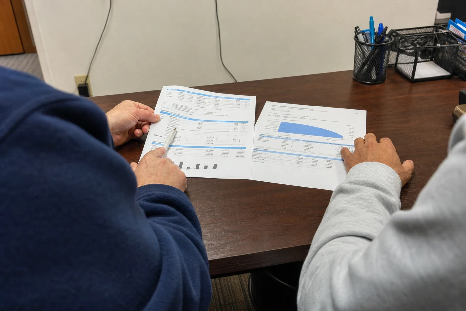 Over-the-shoulder view of two people at a dark wood office desk comparing a statement and a coverage chart laid side by side, one pointing with a pen